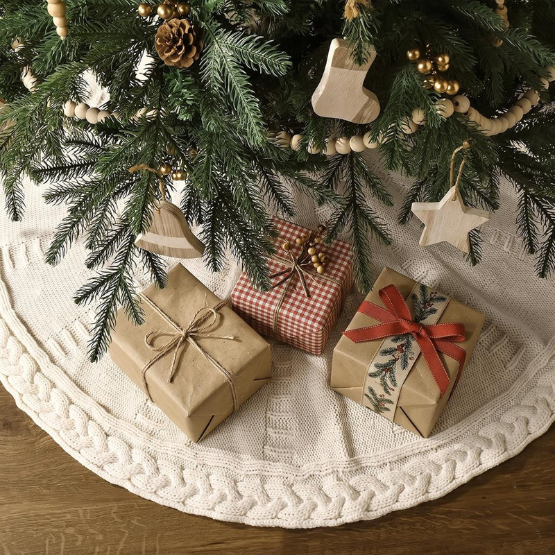 Cream White Braided Cable Knit Christmas Tree Skirt – Chunky Rustic Farmhouse Tree Base Decor for Holiday Home