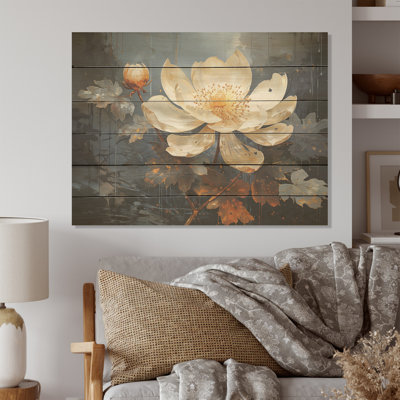 Golden Lotus Tranquility I - art mural en bois de lotus sur bois de pin naturel