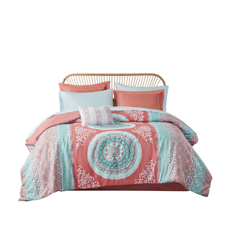 Édredon double avec draps - Drap-housse en médaillon Coral, Édredon double et 2 taies décoratives, Corail