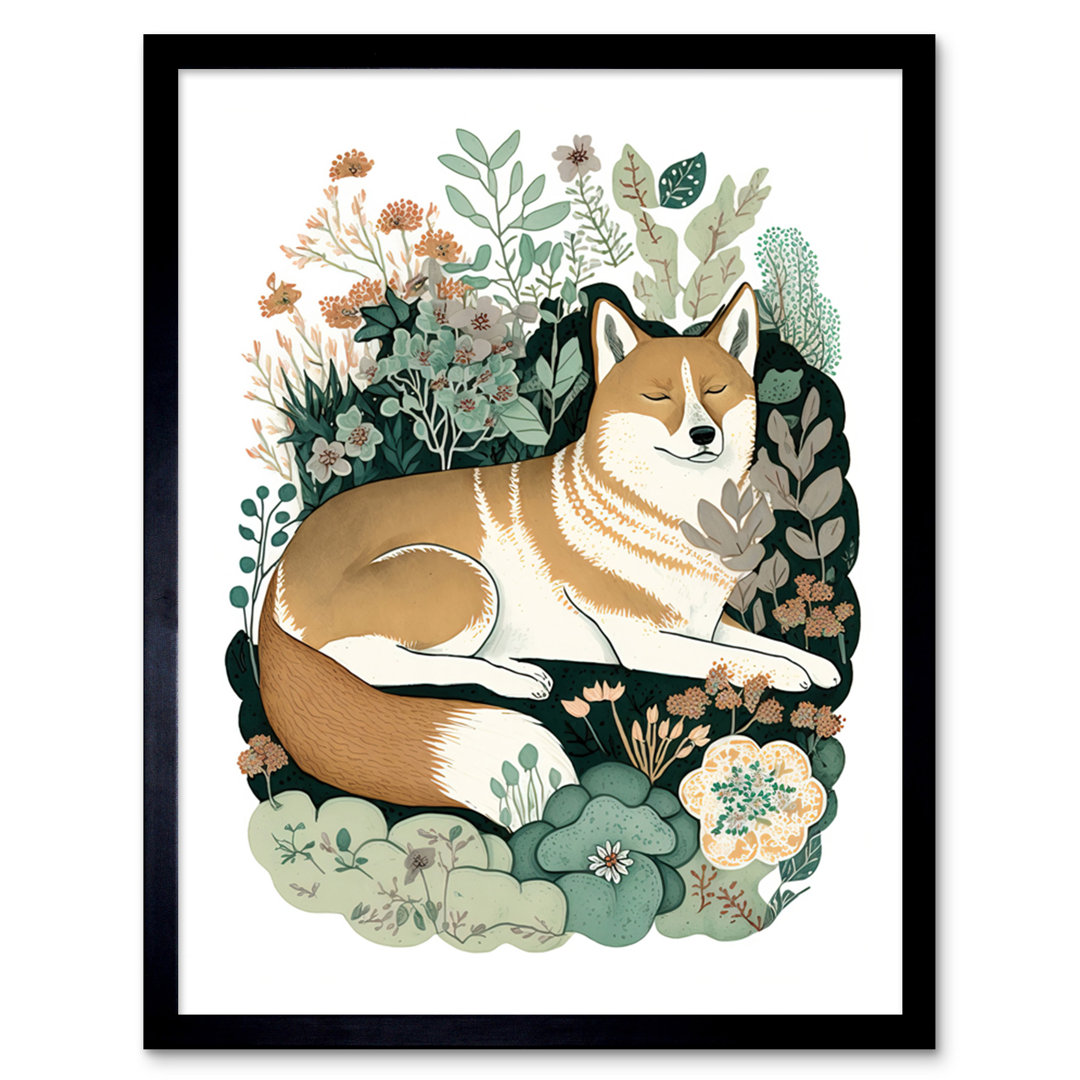 Shiba Inu Dog Lying In Flower Field Modern Stylised - Single Picture Frame Print