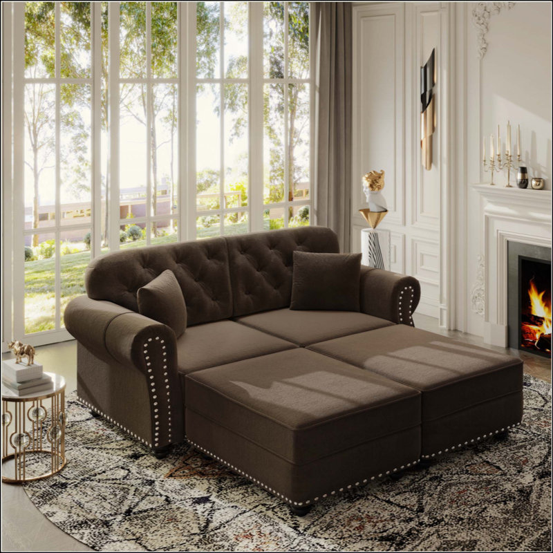 Canapé Chesterfield rembourré en velours avec garniture cloutée et accoudoirs roulés, canapé de style Mid-Century moderne capitonné, comprend 2 coussins