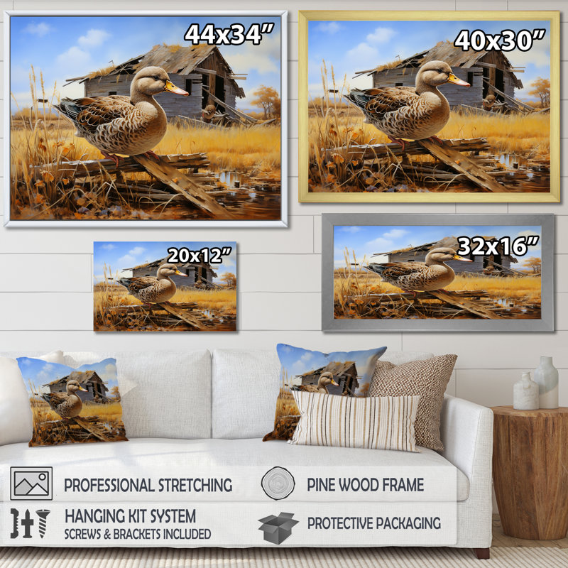 «Waddling Duck At The Barn II» - art mural canard, Cadre d'angle fermé noir, H 24 po x l 32 po x P 1 po
