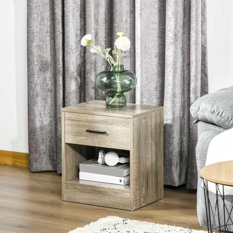 Table de chevet moderne en grain de bois gris - Côté avec rangement pour une chambre confortable