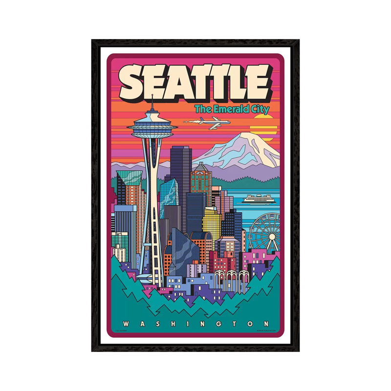 Seattle Pop Art Travel by Jim Zahniser - Print on Canvas, 152.5 cm H x 101.5 cm W, Black Framed