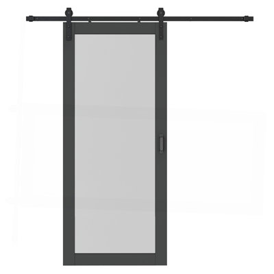 36 po X 84 po Porte de grange coulissante en verre givré en verre noir avec ensemble de quincaillerie et poignée de porte