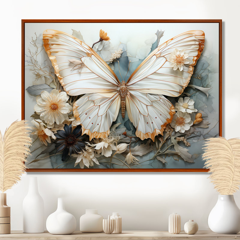 «Bisson White Gray Butterfly», reproduction sur toile encadrée, Reproduction avec cadre flottant, H 34 po x l 44 po, Brun