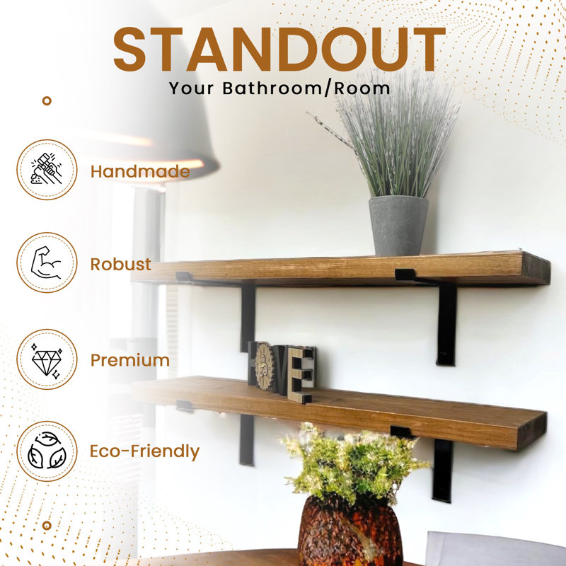 Lemieux Handcrafted Rustic Wooden Wall-Mounted Floating Shelves with Black L Brackets, Walnut, 4.5cm H x 140cm W x 22cm D