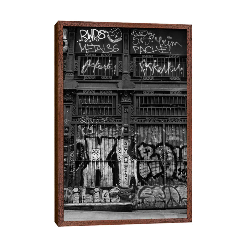 Barcelona Graffiti by Bethany Young - Print on Canvas, 66.04cm H x 45.72cm W x 3.81cm D, Classic Brown Wood Framed