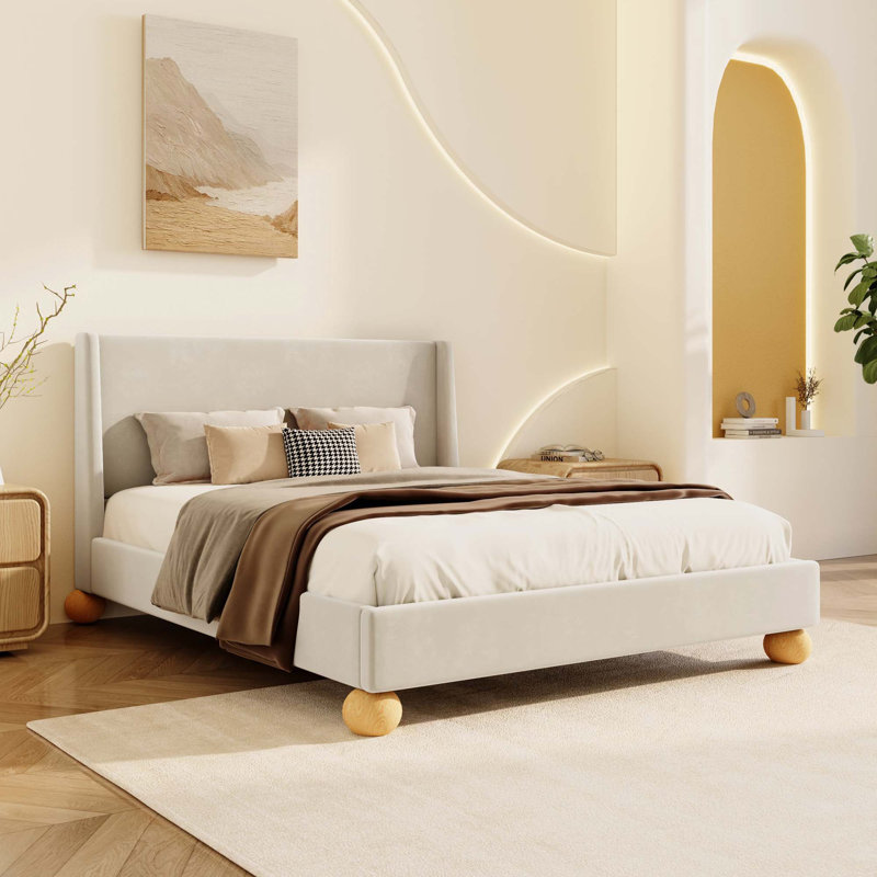 Velvet Bed with Round Wooden Legs, Beige, King