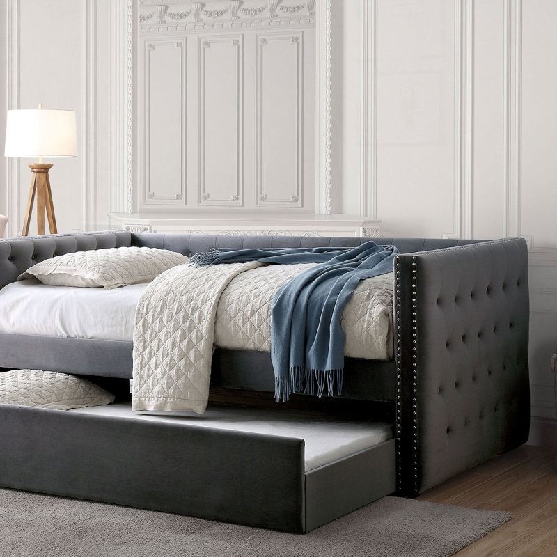 Upholstered Pine Daybed with Trundle Bed, Gray
