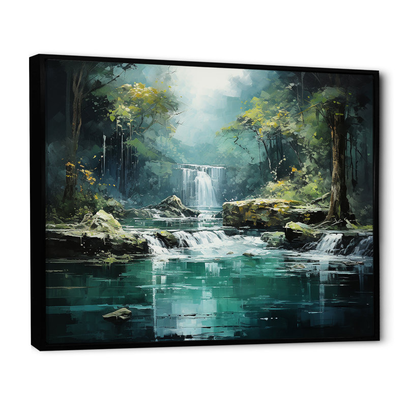 Cascade, paysage de falaise III, H 12 po x l 20 po x P 1 po, Cadre flottant noir