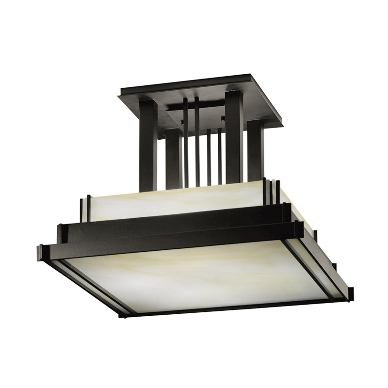 Plafonnier semi-encastré carré à 4 lumières Steppe, Fer naturel, H 12 po x l 17,1 po x P 17,1 po, Ivoire ivoire