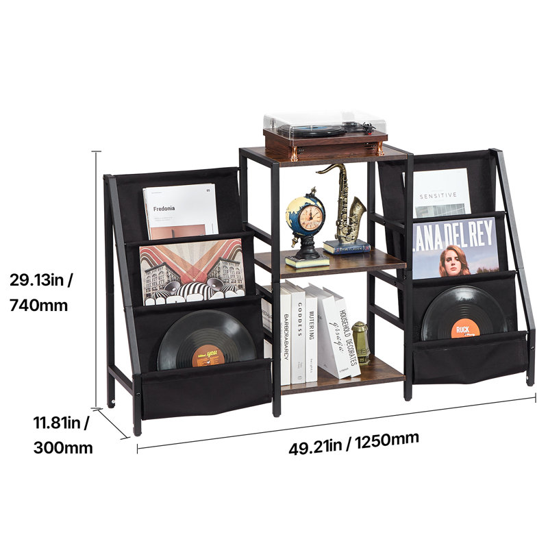Record Player Stand, 3 Tiers Metal Vinyl Record Stand, Holds up to 280 Albums, Turntable Stand with Record Holder Vinyl Display Shelf, Wooden Record Holder Ideal for Bedroom, Living Room