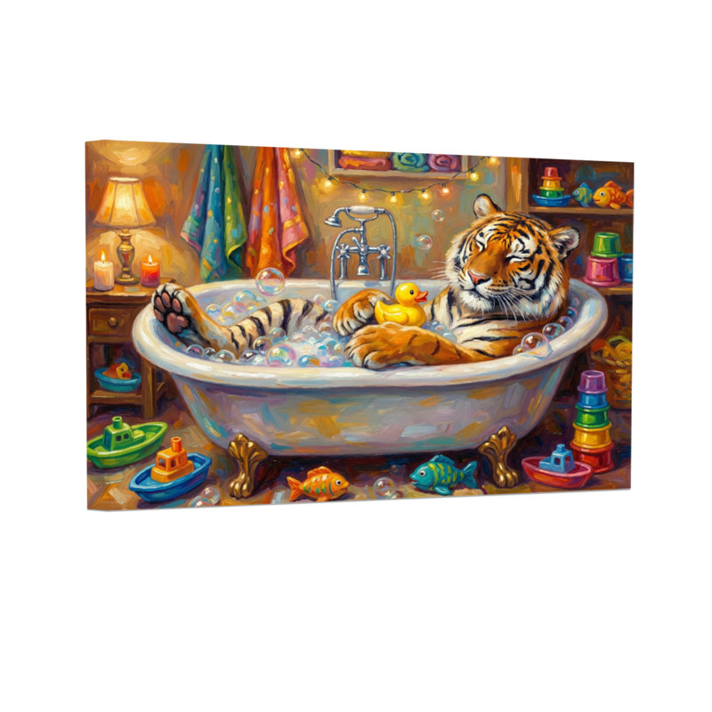 Animaux, tigre dans une baignoire avec jouets et bulles, H 12 po x l 18 po