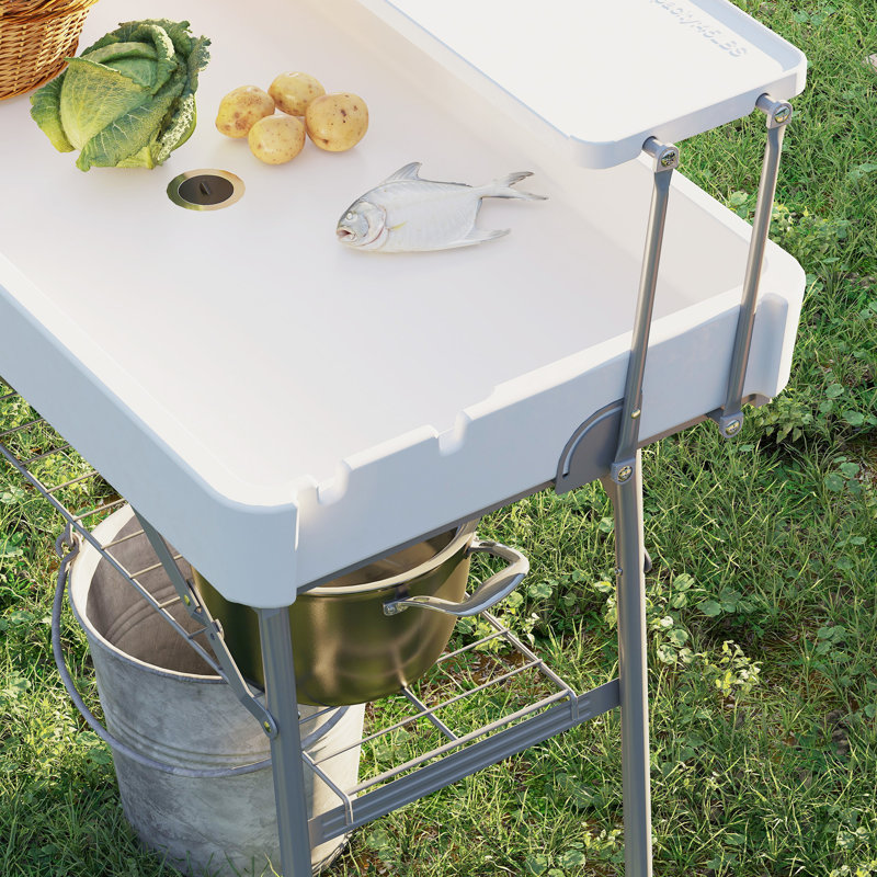 Table de glace pliante à 2 niveaux avec drain, table de glacière d'extérieur, blanc