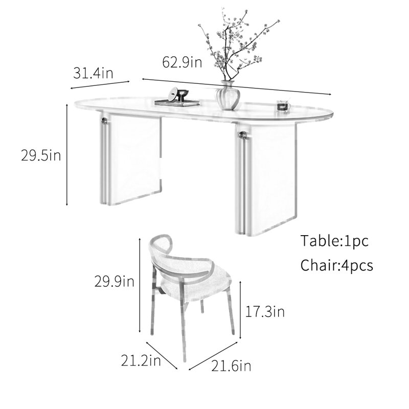 Table de salle à manger en pierre avec base en bois au fini crème, H 29,5 po x L 62,9 po x l 31,4 po