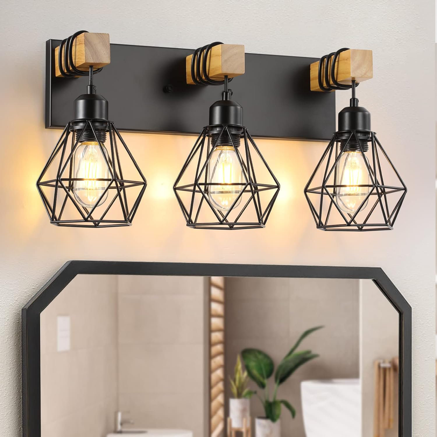 Masoter Farmhouse Bathroom Vanity Light Fixtures, 3-Light Wood Bathroom ...