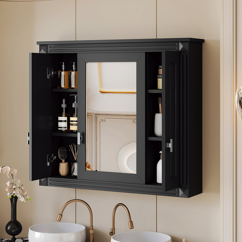 Bathroom Wall Cabinet with Mirror, Black, 28.74" H x 35" W x 7.13" D