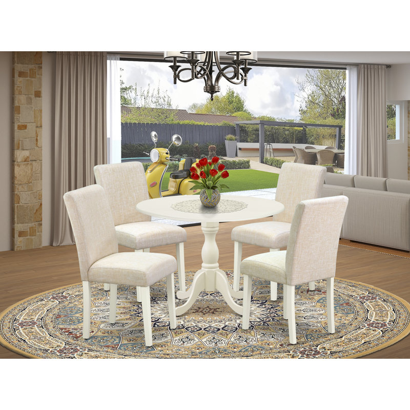 5 Piece Dining Table Set for 4 Includes a Round Kitchen Table with Dropleaf and 4 Light Beige Linen Fabric Parson Dining Chairs, Linen White