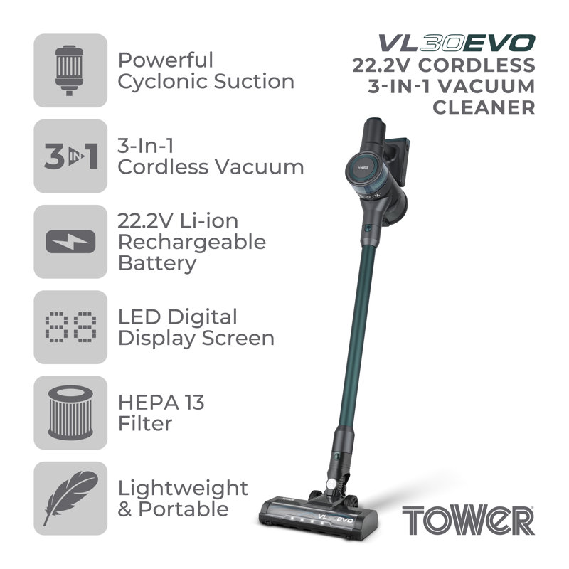 Tower Evo 3-in-1 Cordless Vacuum Cleaner with Cyclonic Suction, Pet and Upholstery Brush, Handheld Function, 22.2V