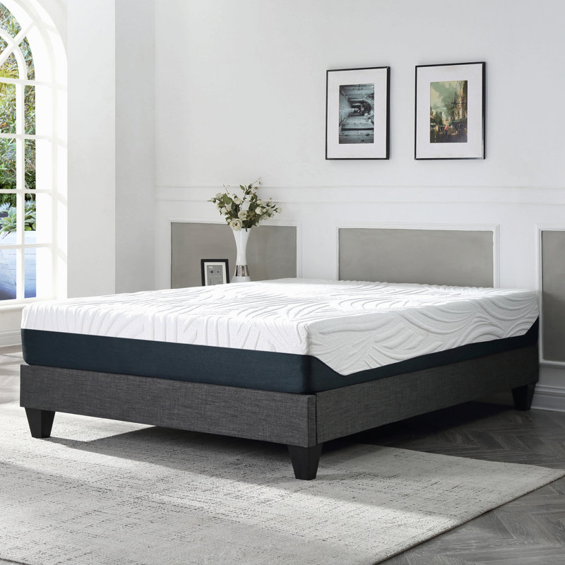 Lit plateforme tapissier gris contemporain, cadre de lit en tissu de polyester, lit plateforme à pieds géométriques renforcés