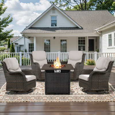 Koba 5-Piece Outdoor Conversation Set – Swivel Rocking Chairs with Fire Pit Table