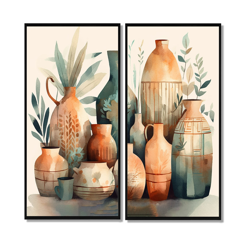 Vase en céramique orange et vert Soulful I - grandes impressions sur toile Boho Pottery, H 32 po x l 32 po, Noir