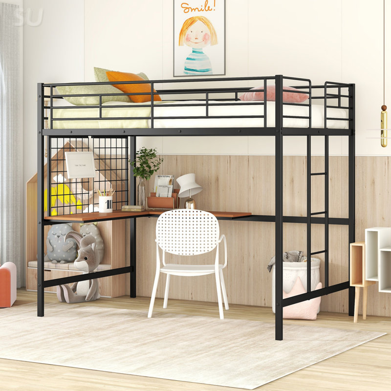 Lit mezzanine double en métal avec bureau et grille en métal, Noir