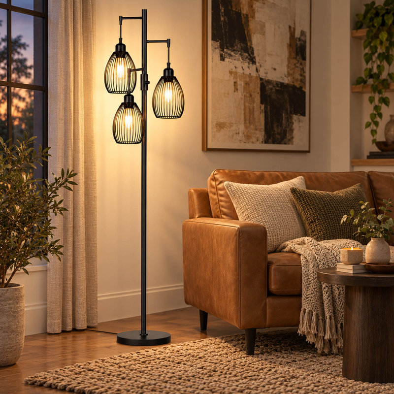 Dimmable 3-Light Industrial Floor Lamp with Edison Bulbs for Living Room