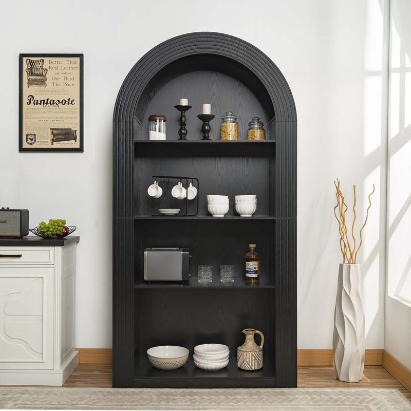 Bibliothèque arquée de 78,74 po de hauteur, bibliothèque de style Mid-Century à 4 niveaux avec tablette de rangement ouverte pour la salle à manger, le salon et la chambre à coucher (noir)
