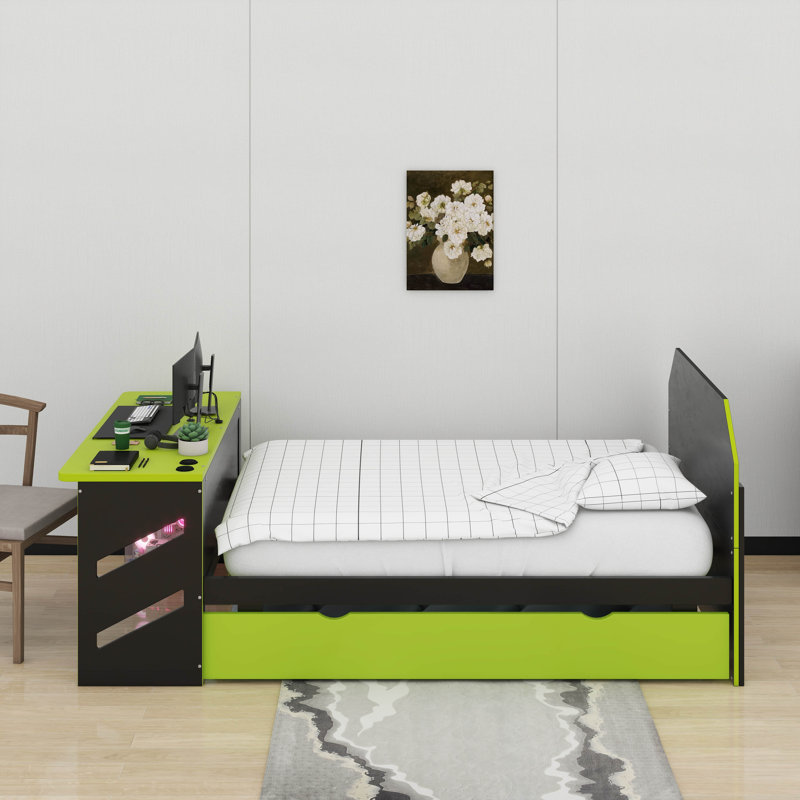 Full Size Wood Daybed With Trundle,Desk And USB, Green