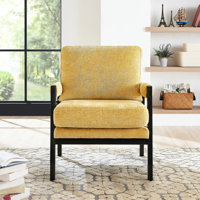 Chaise en chenille jaune - Assise de style Mid-Century rembourrée et stable en bois d'hévéa