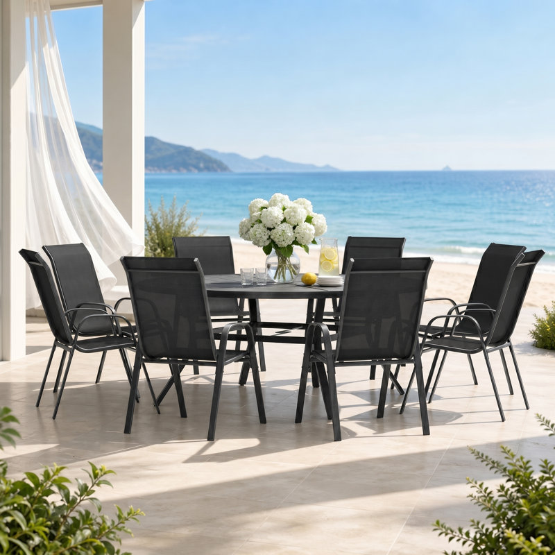 Boatwright With Stackable Textilene Chairs, Black/Black