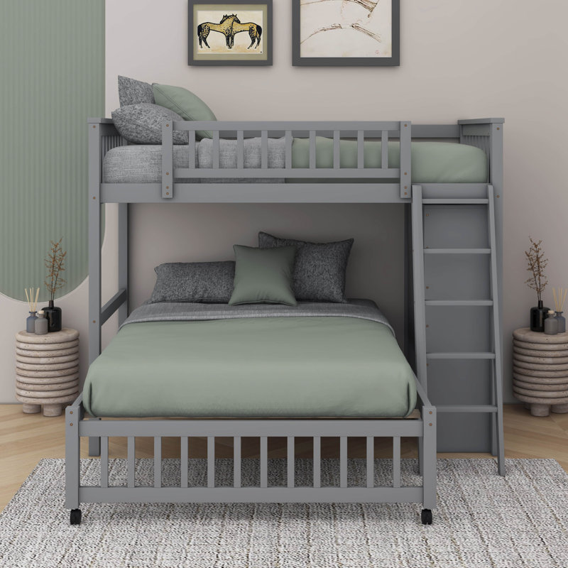 Lit simple superposé au dessus d'un lit double avec tiroirs, Gris
