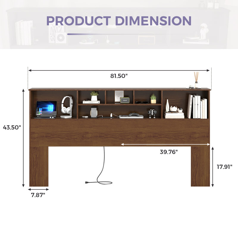 Modern Wooden Bookcase Headboard with Adjustable LED Lights & Charging Station – Queen & King Sizes, Scroll Down for Assembly Video