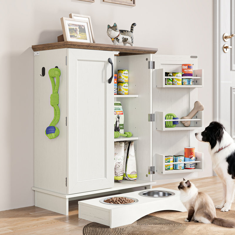 Station d'alimentation pour chien, armoire de rangement pour nourriture pour chien avec bols cachés pour chien, panneau réglable, crochets pour chiens de taille moyenne