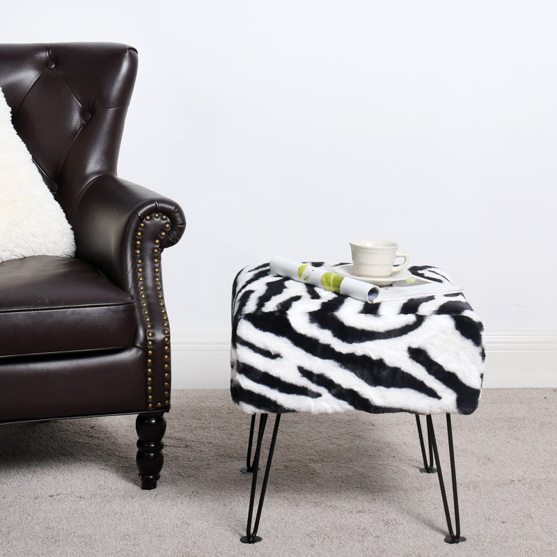 43.2cm Wide Square Animal Print Standard Ottoman, Black/White Faux Fur