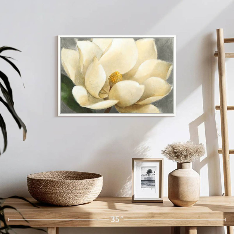 Fleur de magnolia sur fond gris, Cadre flottant blanc, 19 po x 13 po