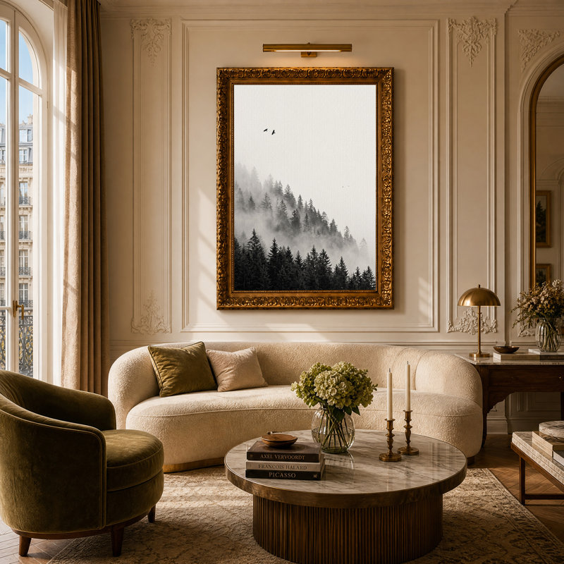 Art mural noir et blanc forêt brumeuse avec oiseaux, H 24 po x l 16 po