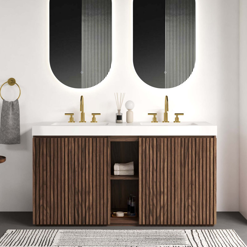 Meuble-lavabo moderne avec lavabo double et grand espace de rangement, White