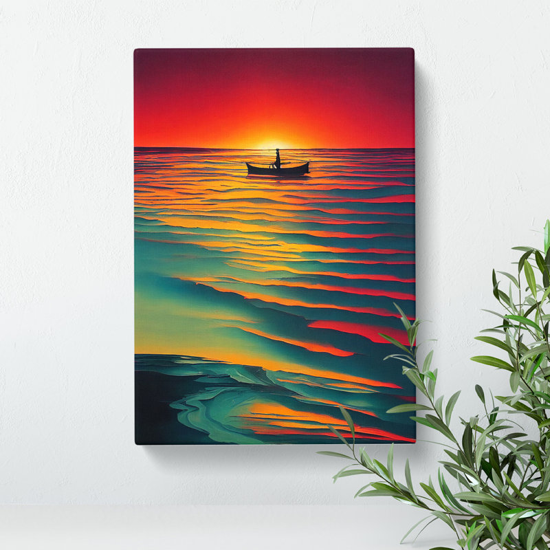 Boat And The Ocean Sunset - Print, Wrapped Canvas, 60cm H x 40cm W x 3cm D, No Matte
