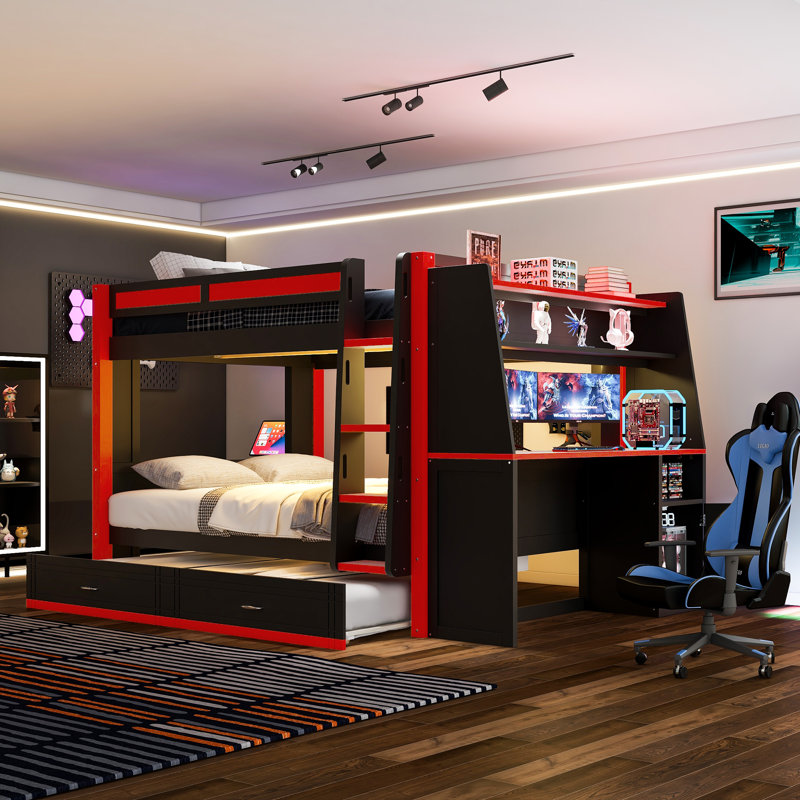 Full Size Bunk Bed with Trundle, Desk, Bookshelves, LED Light, Multifunctional Loft Bed, Red+Black