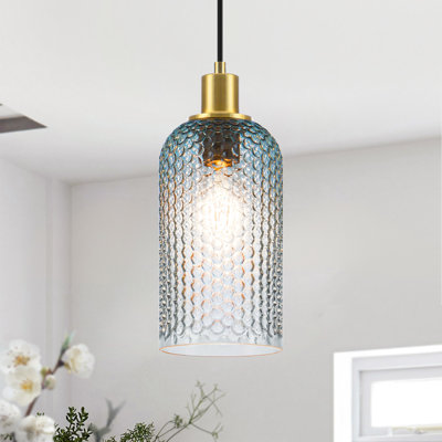 1-Light 5.51"W Cylinder Pendant Light with Blue Textured Dimpled Glass Shade for Kitchen Island