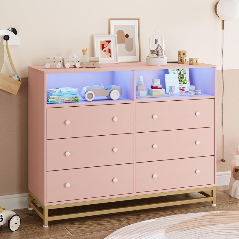 Commode 6 tiroirs avec lumière DEL, Rose