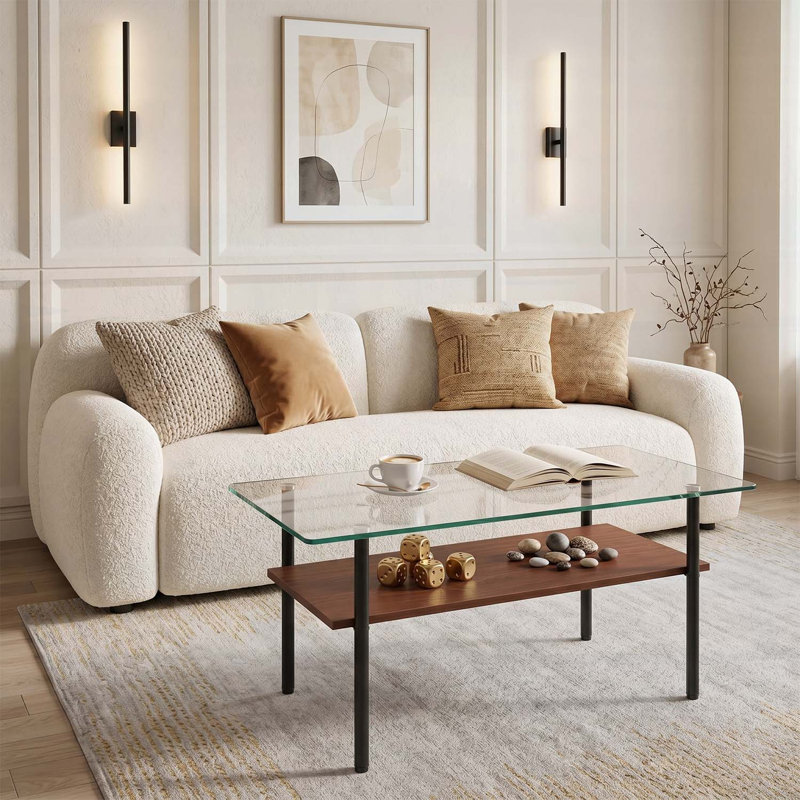 Table basse avec pieds en métal et tablette en bois pour un salon élégant, Transparent+Black+Brown
