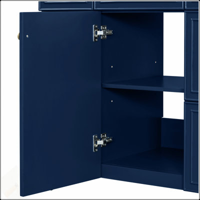 Meuble-lavabo bleu 36 po avec lavabo en céramique, bois massif, portes à fermeture en douceur et nombreuses solutions de rangement