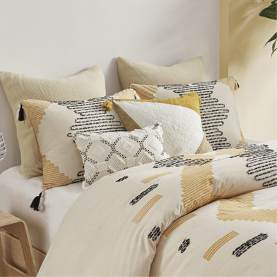 Housse de couette en coton double / grand, motif géométrique jaune-gris, broderie torsadée, fermeture à boutons avec 4 attaches de coin, motif géométrique moderne lavable à la machine,