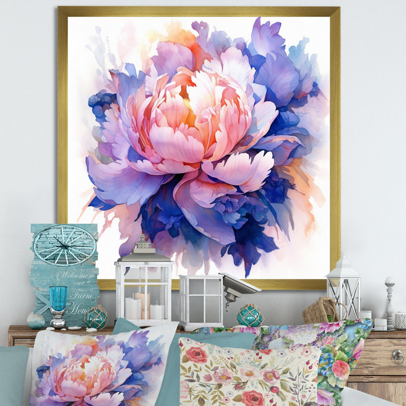 «Coral Blue Peony Visons», reproduction sur toile, H 16 po x l 16 po x P 1 po, Cadre doré à une seule photo