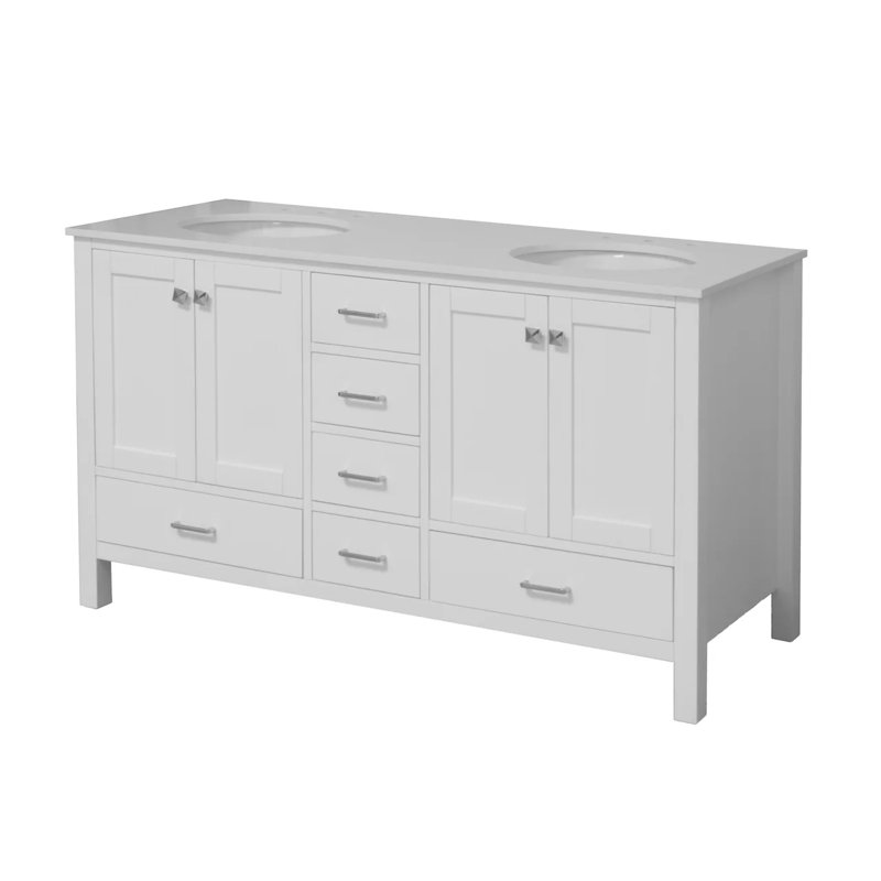 Claudett 60'' Double Bathroom Vanity with Top, White, Engineered White