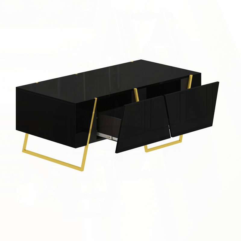 Table basse rectangulaire rectangulaire à 4 tiroirs et base dorée - noir, 47,2 po